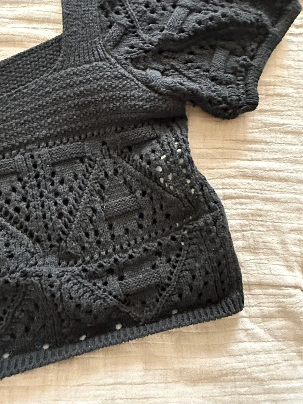 ZARA Black Crochet Square-Neck Crop Top with Puff Sleeves